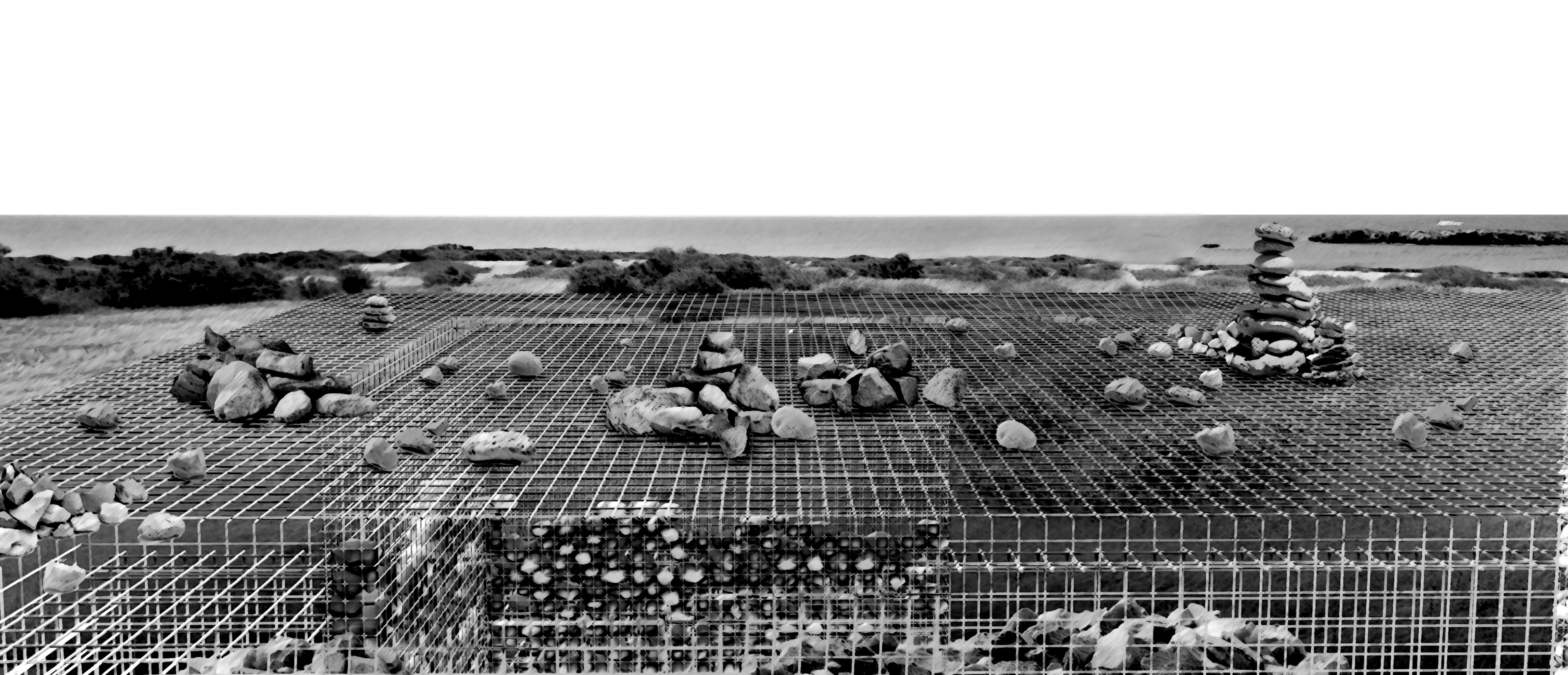Stone-filled mesh roof of Umbráculo en Tabarca